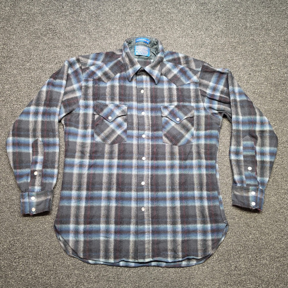 VTG Pendleton Western Shirt Blue Plaid Mens Large Wool Pearl Snap‎ Front USA 70s
